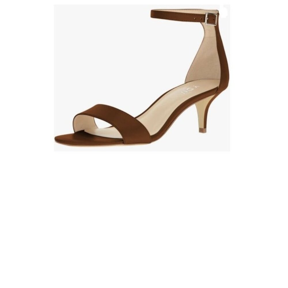 YDN Brown Kitten Heel Peep Open Toe Ankle Strap Sandals Classic Cute